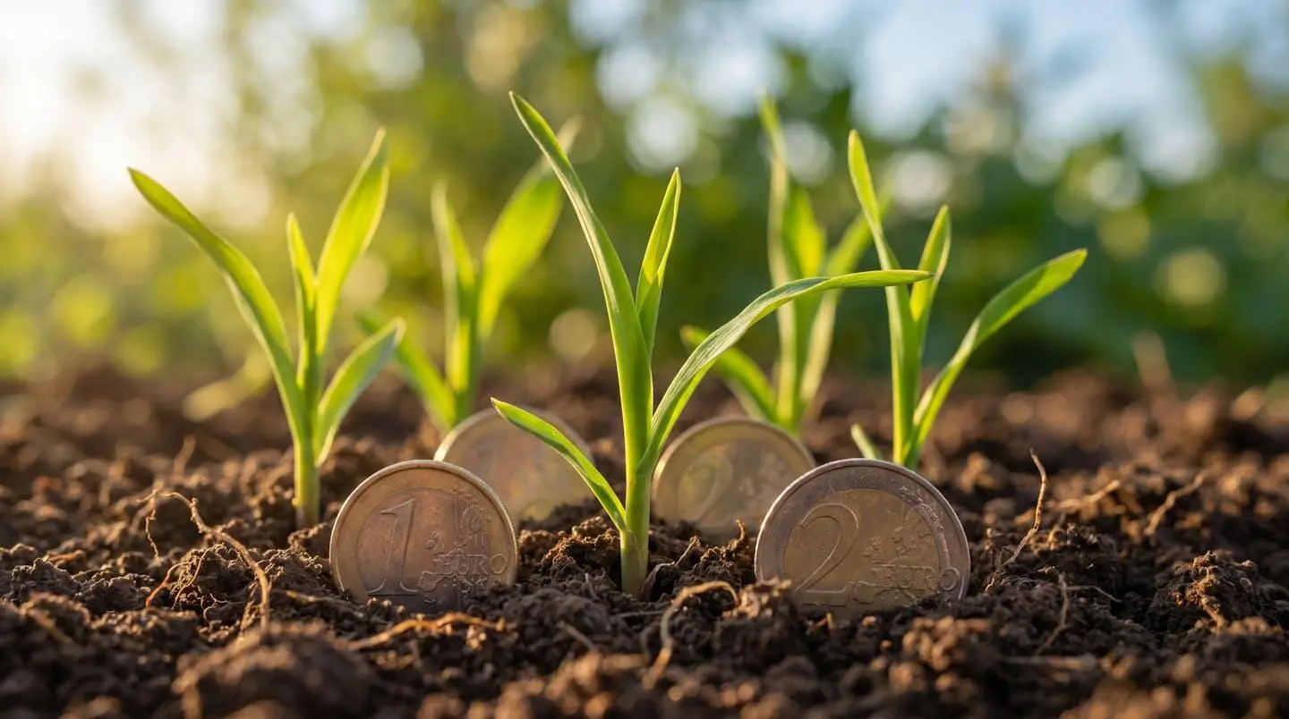 Jeunes pousses vertes émergeant d'un sol fertile avec des pièces d'euros, symbolisant la croissance de l'investissement responsable
