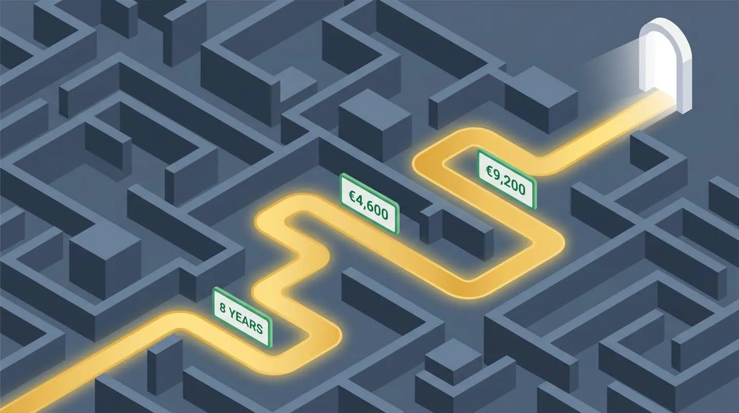 Illustration isométrique d'un labyrinthe fiscal avec un chemin doré indiquant clairement la voie de l'optimisation après 8 ans