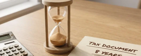 Sablier en bois sur un bureau minimaliste à côté d'un document fiscal et d'une calculatrice, symbolisant l'importance du temps dans la fiscalité de l'assurance-vie