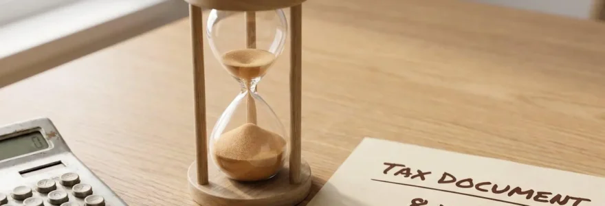 Sablier en bois sur un bureau minimaliste à côté d'un document fiscal et d'une calculatrice, symbolisant l'importance du temps dans la fiscalité de l'assurance-vie