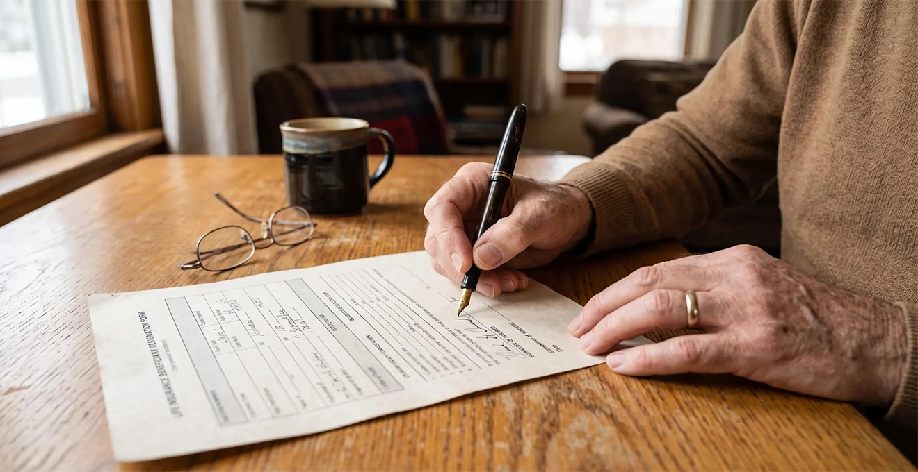 Gros plan sur des mains remplissant une clause bénéficiaire sur un formulaire d'assurance vie au stylo plume.