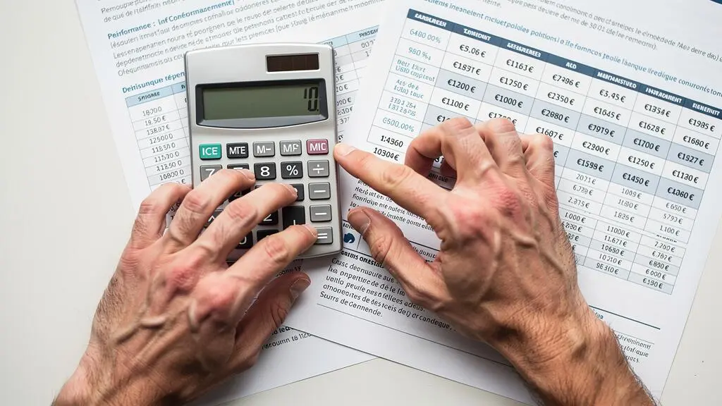 Gros plan sur des mains utilisant une calculatrice pour comparer les performances chiffrées de différentes options d'assurance vie