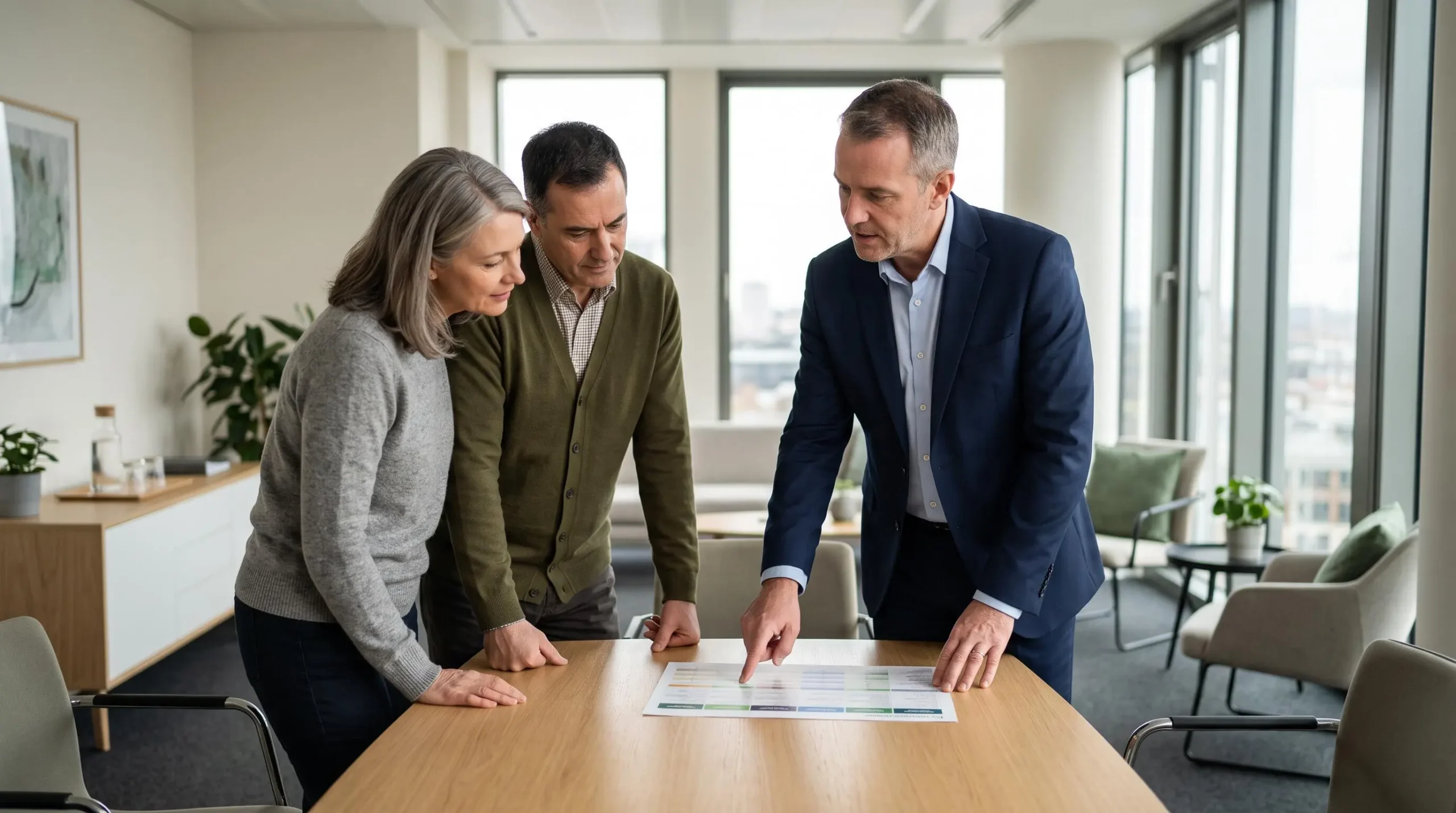 Un conseiller patrimonial présente un tableau comparatif de contrats d'épargne à un couple dans un bureau lumineux.