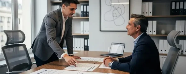 Un conseiller financier expliquant des options d'assurance vie à un client lors d'une consultation dans un bureau professionnel