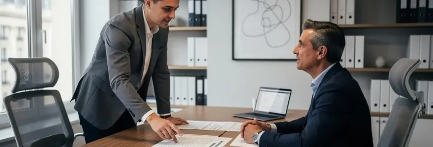 Un conseiller financier expliquant des options d'assurance vie à un client lors d'une consultation dans un bureau professionnel
