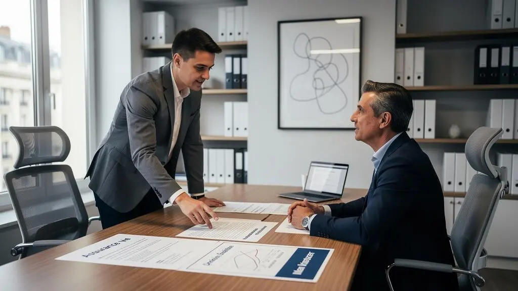 Un conseiller financier expliquant des options d'assurance vie à un client lors d'une consultation dans un bureau professionnel