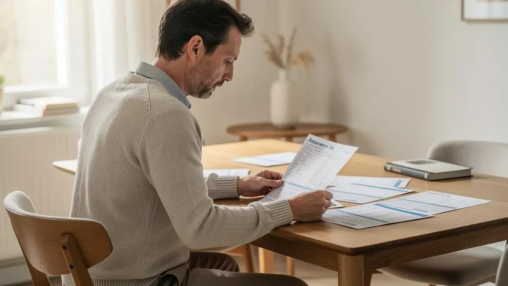 Une personne étudiant ses documents d'assurance vie et d'épargne à domicile sur sa table de salle à manger