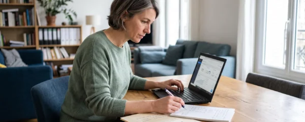 Une femme compare son contrat d'assurance vie sur ordinateur portable avec ses documents d'épargne à domicile.