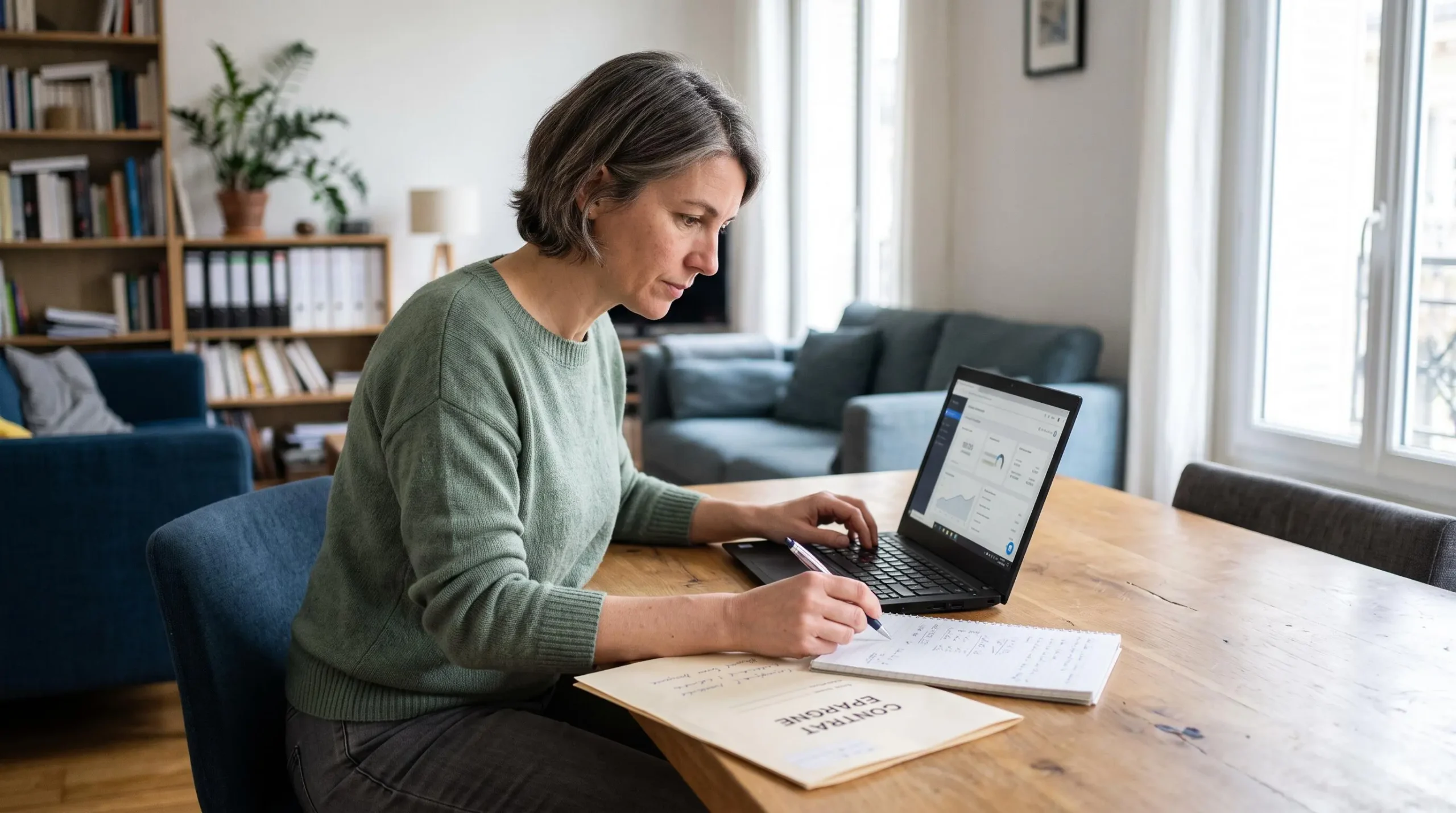 Une femme compare son contrat d'assurance vie sur ordinateur portable avec ses documents d'épargne à domicile.